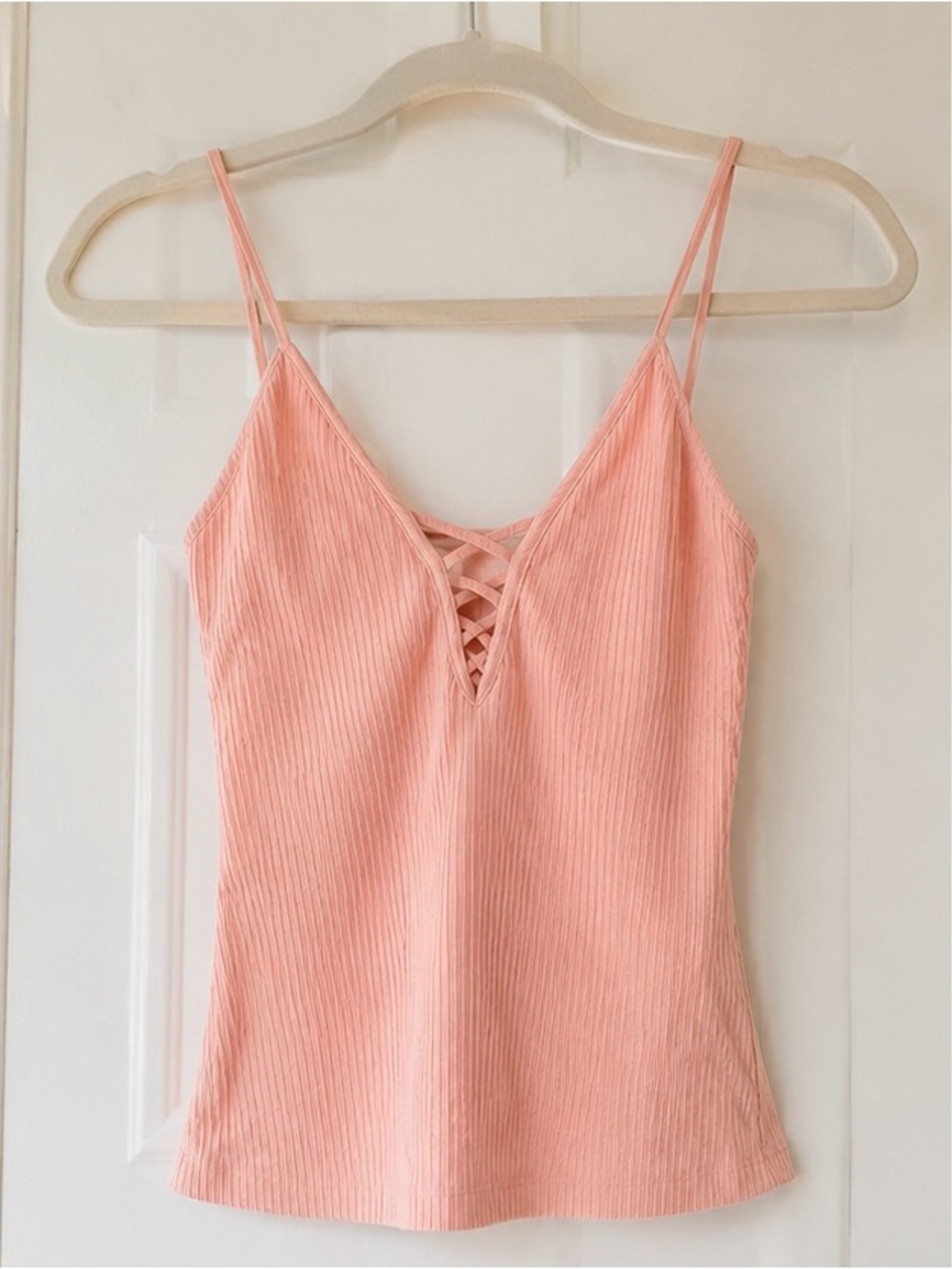 Pink Ribbed Lace-Up Cami Top